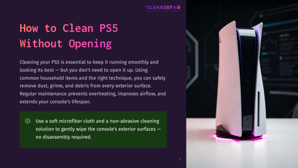 A Sleek, White Playstation 5 Console Stands Vertically On A White Surface, Illuminated By Pink Led Lights At Its Base. The Text &Quot;Cleanestor&Quot; Is Visible At The Top.