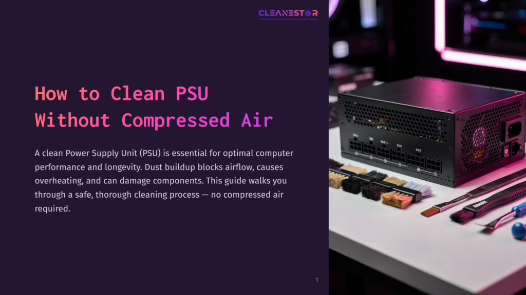 A Black Pc Power Supply Unit (Psu) Sits On A White Surface Next To Cleaning Brushes And A Stick. The Psu Has A Label That Reads &Quot;Cleanestor&Quot; And The Title &Quot;How To Clean Psu Without Compressed Air&Quot; Is Visible On The Left.