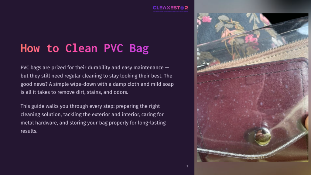 Close-Up Of A Pvc Bag With White Residue, Showing Stitching And A Metal Snap Closure. Text Overlay Reads &Quot;How To Clean Pvc Bag&Quot;.