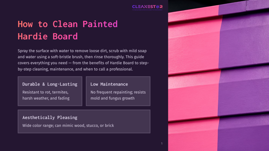 Close-Up Of A Painted Hardie Board Siding With Vibrant Pink And Purple Panels. Text Overlay: &Quot;Cleanestor&Quot; And &Quot;How To Clean Painted Hardie Board&Quot;.