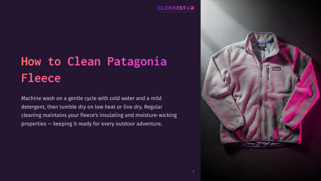 1 How To Clean Patagonia Fleece A Gray Patagonia Fleece Jacket Hangs On A Hanger, Illuminated By Dramatic Pink Lighting. The Text &Quot;How To Clean Patagonia Fleece&Quot; Is Visible On The Left Side Of The Image.
