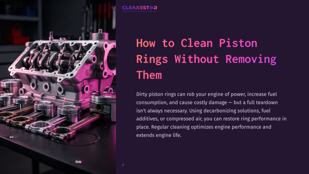 1 How To Clean Piston Rings Without Removing Them Close-Up Of A Disassembled Car Engine Block And Pistons On A Dark, Reflective Surface. Text Overlay Reads &Quot;Cleanestor How To Clean Piston Rings Without Removing Them&Quot;.