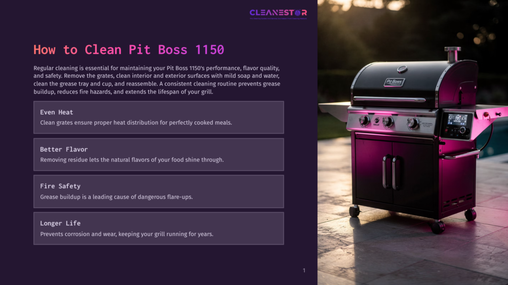 1 How To Clean Pit Boss 1150 A Black Pit Boss 1150 Grill Is Illuminated By Purple Ambient Light On A Patio At Night. The Grill Features A Prominent &Quot;Pit Boss&Quot; Logo And A Digital Display.