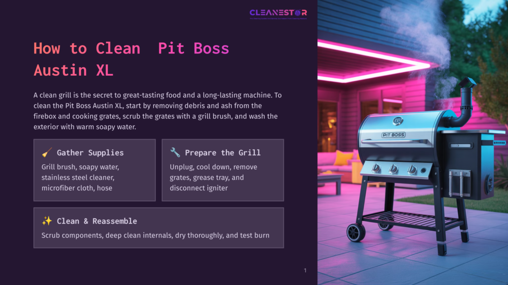1 How To Clean Pit Boss Austin Xl A Pit Boss Austin Xl Grill Is Cleaned On A Patio At Dusk, With Neon Pink Lighting Illuminating The Scene. Text On The Left Provides Cleaning Instructions For The Grill.