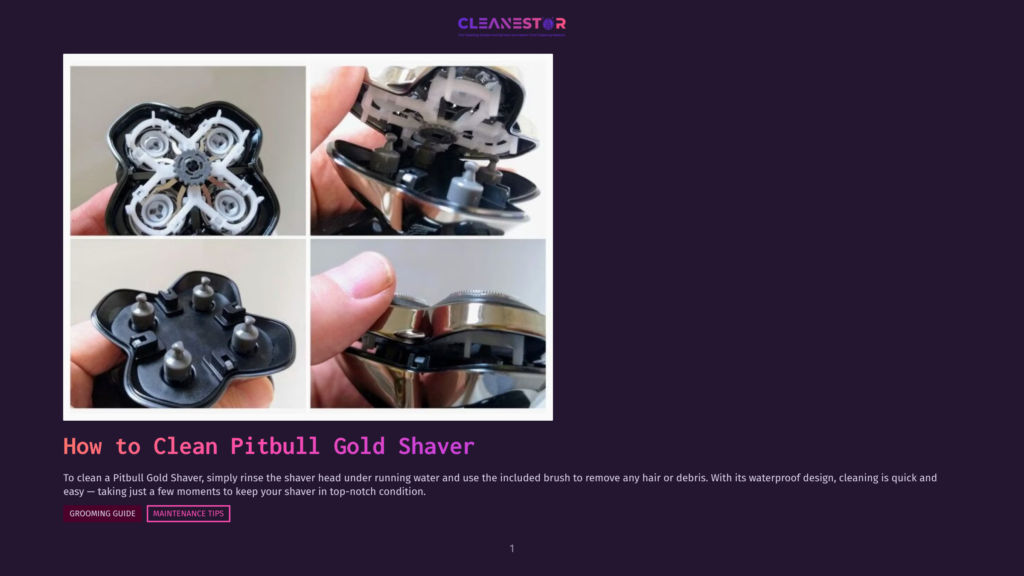 A Four-Panel Image Showing How To Clean A Pitbull Gold Shaver. The Top Left Shows The Detached Shaver Head With Its Internal Blades. The Top Right Shows A Close-Up Of The Shaver'S Internal Mechanism. The Bottom Left Shows The Shaver Head Detached With Its Three Rotary Blades. The Bottom Right Shows A Hand Reattaching The Shaver Head To The Main Body Of The Pitbull Gold Shaver.