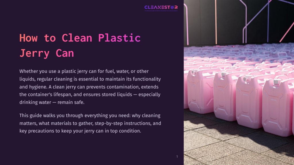 Pink Plastic Jerry Cans Are Neatly Stacked In Rows On A Gray Tiled Surface, With A Blurred Background Of More Cans And A Hint Of Neon Lights. The Text &Quot;Cleanestor&Quot; Is Visible At The Top.