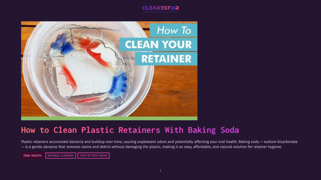 Close-Up Of A Clear Plastic Retainer With Red And Blue Accents Soaking In A White Bowl Of Water, With Text Overlay &Quot;How To Clean Your Retainer&Quot;.