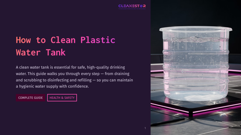 A Clear Plastic Water Tank Filled With Water Rests On A Futuristic Platform With Purple Neon Lights. The Text &Quot;How To Clean Plastic Water Tank&Quot; Is Prominently Displayed On A Dark, Textured Background.