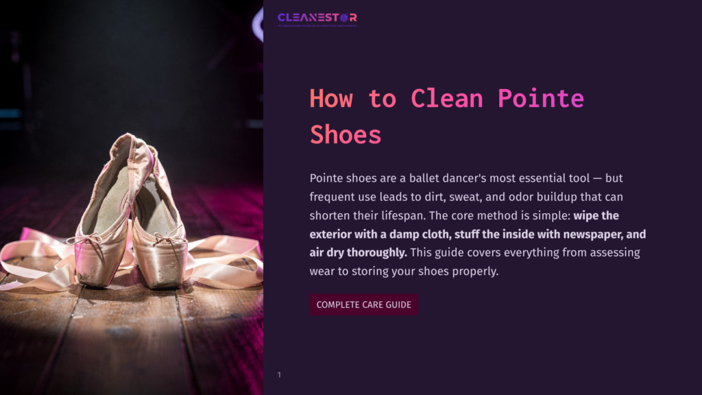 Close-Up Of Satin Pointe Shoes With Pink Ribbons Tied Around Them, Resting On A Wooden Floor. The Text &Quot;How To Clean Pointe Shoes&Quot; Is Visible.