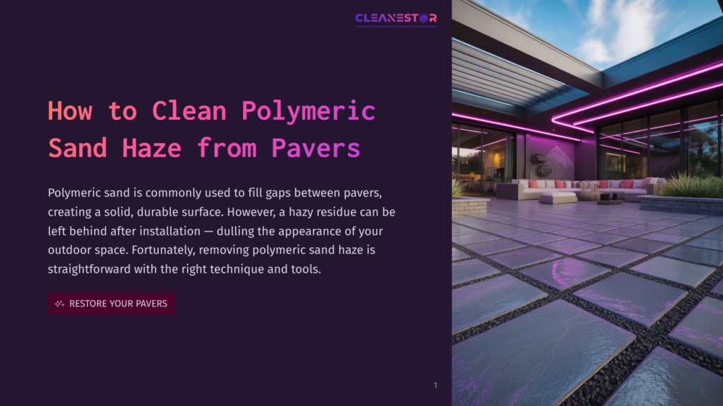 A Modern Outdoor Patio With Sleek Pavers, Accented By Vibrant Purple Led Lighting, And Plush Outdoor Furniture. The Text &Quot;How To Clean Polymeric Sand Haze From Pavers&Quot; Is Overlaid On The Left.
