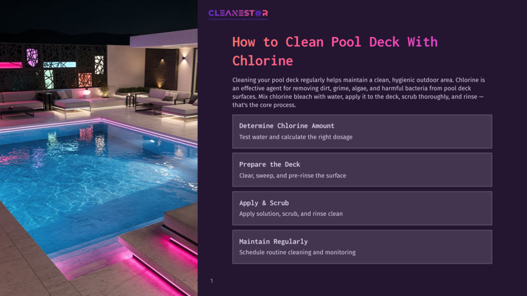 Cleanestor Logo And Text About Cleaning Pool Decks With Chlorine, Next To A Photo Of A Modern, Illuminated Swimming Pool And Deck Area At Night.