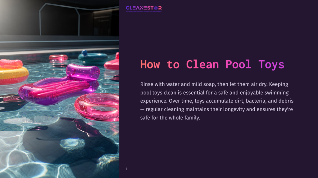 Inflatable Pool Toys, Including A Pink Lounger And A Yellow Ring Float, Float On The Surface Of A Sparkling Blue Swimming Pool. The Text &Quot;Cleanestor&Quot; And &Quot;How To Clean Pool Toys&Quot; Is Visible.
