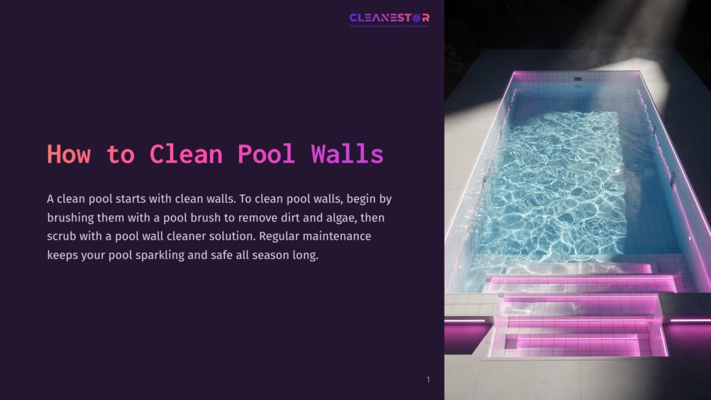 A Sparkling Clean Swimming Pool With Clear Blue Water, Illuminated By Soft Purple Lights Along The Steps. The Text &Quot;Cleanestar&Quot; Is Visible At The Top Left.