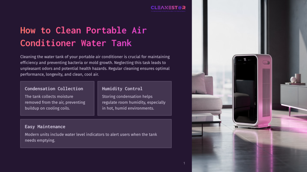 1 How To Clean Portable Air Conditioner Water Tank Cleanestor Portable Air Conditioner In A Modern Living Room, Showing A Pink Unit With A Digital Display And A Sleek Design, Next To A Sofa And A Cabinet.