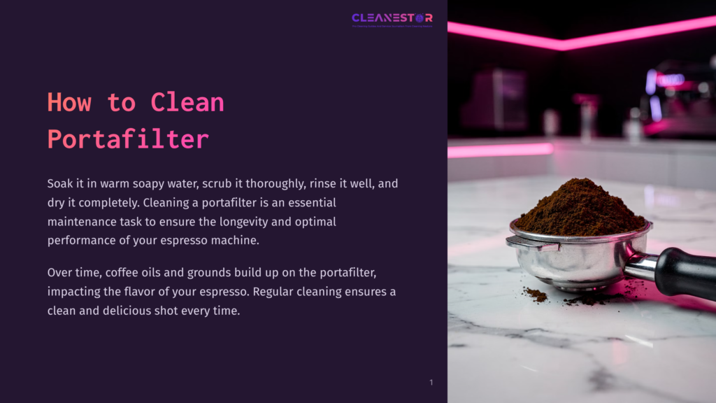 Close-Up Of A Portafilter Filled With Dark Espresso Grounds, Resting On A White Marble Countertop. The Portafilter Is A Metal Basket With A Handle, And Loose Grounds Are Scattered Around It. In The Background, A Blurred Espresso Machine And Neon Pink Lighting Are Visible.