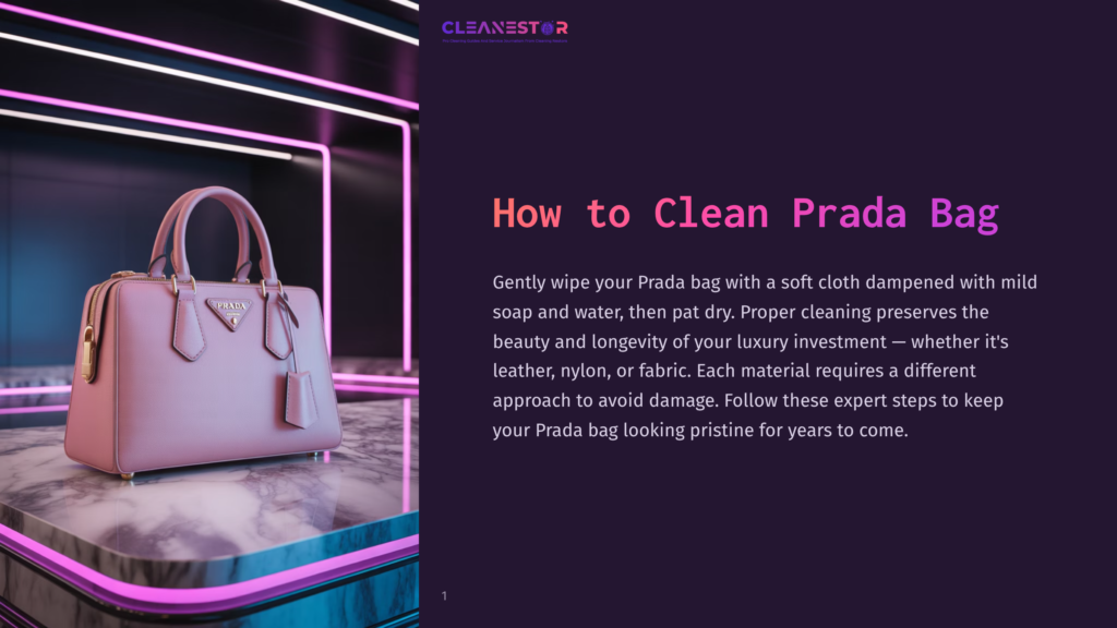A Light Pink Prada Bag With A Hanging Tag Sits On A Marble Surface, Illuminated By Neon Lights, With Text &Quot;How To Clean Prada Bag&Quot; Overlayed.