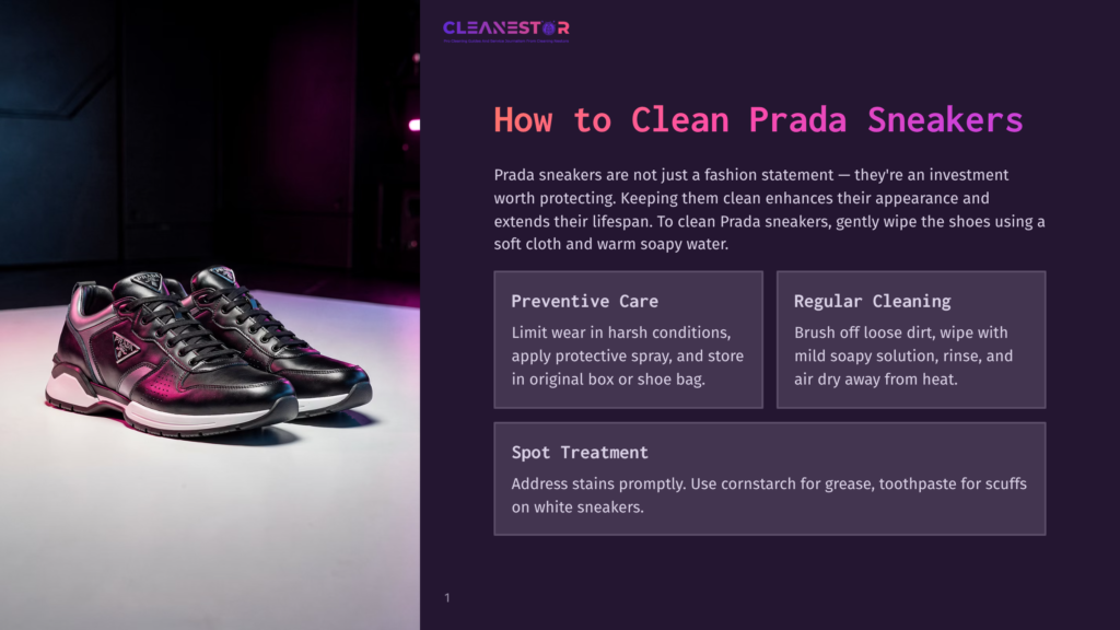 A Pair Of Black Prada Sneakers Sit On A Reflective Surface, With A Dark, Moody Background. Text Overlay Reads &Quot;Cleanestor&Quot; And &Quot;How To Clean Prada Sneakers&Quot;.