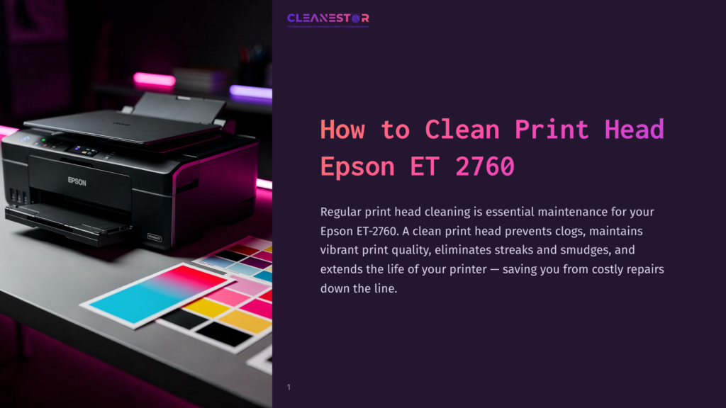 Epson Et-2760 Printer On A Desk With Colorful Print Test Sheets And Neon Lighting, Illustrating A Guide On How To Clean Print Heads For Vibrant Print Quality.