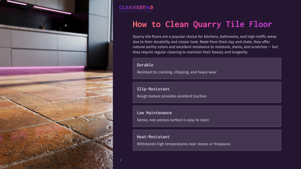 1 How To Clean Quarry Tile Floor Close-Up Of A Rustic Quarry Tile Floor In A Kitchen, Showcasing Its Natural Earthy Tones And Textured Surface. The Tiles Are Laid In A Classic Pattern, With Subtle Variations In Color And A Slightly Uneven Finish, Suggesting Durability And Timeless Appeal.