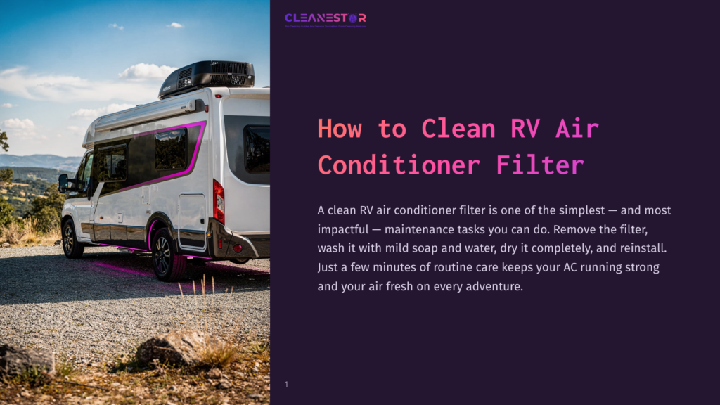 A White Rv Camper Van With Purple Accents Sits Parked On A Gravel Road With A Scenic, Hilly Landscape In The Background. The Text &Quot;Cleanestor&Quot; And &Quot;How To Clean Rv Air Conditioner Filter&Quot; Is Visible On The Right Side Of The Image.