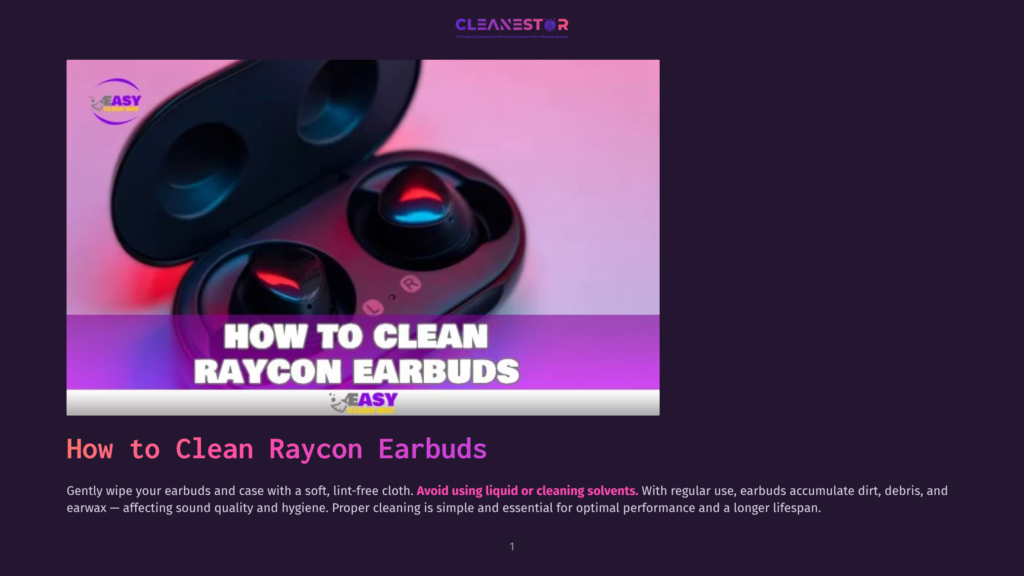Close-Up Of Black Raycon Earbuds And Their Charging Case, Illuminated By Vibrant Pink And Blue Lights. Text Overlay Reads &Quot;How To Clean Raycon Earbuds&Quot;.