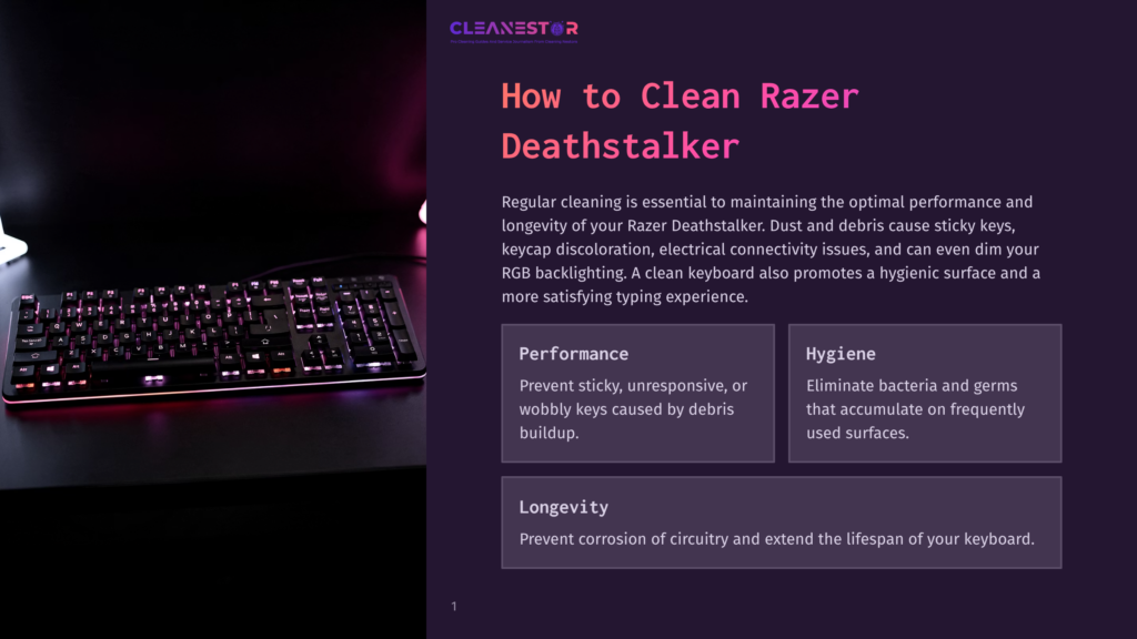 Razer Deathstalker Keyboard With Rgb Backlighting, Alongside Text About Cleaning And Maintenance.