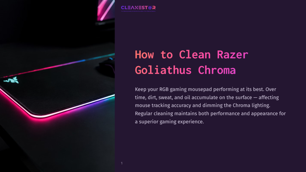 A Razer Goliathus Chroma Rgb Gaming Mousepad With Vibrant Pink And Blue Lighting, Displaying The &Quot;Cleanestor&Quot; Logo And Title &Quot;How To Clean Razer Goliathus Chroma&Quot;.