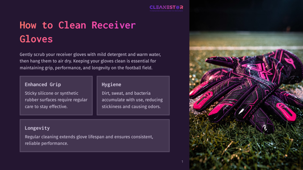 Close-Up Of Bright Pink And Black Receiver Gloves On A Wet Green Football Field, With The Text &Quot;Cleanestor&Quot; And &Quot;How To Clean Receiver Gloves&Quot; Visible.