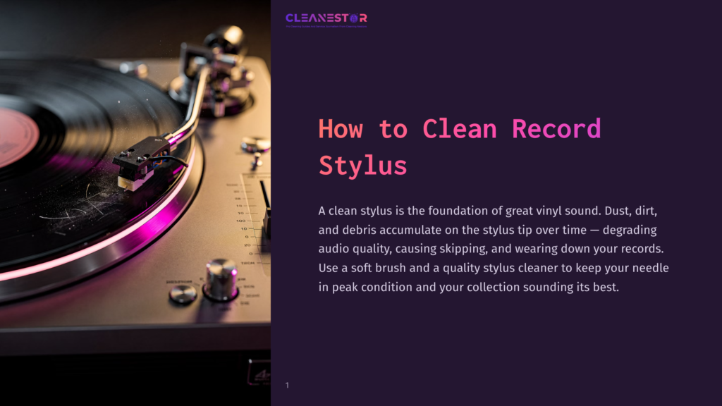 Close-Up Of A Vintage Turntable With A Vinyl Record Playing, Illuminated By Pink And Purple Light. The Text &Quot;Cleanestor How To Clean Record Stylus&Quot; Is Visible.