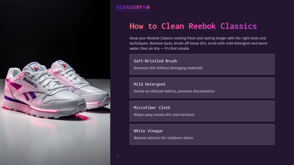 Two Reebok Classic Sneakers, One White And One Pink, Are Displayed Against A Dark Background. The Text &Quot;Cleanestor&Quot; Is Visible At The Top Of The Image.