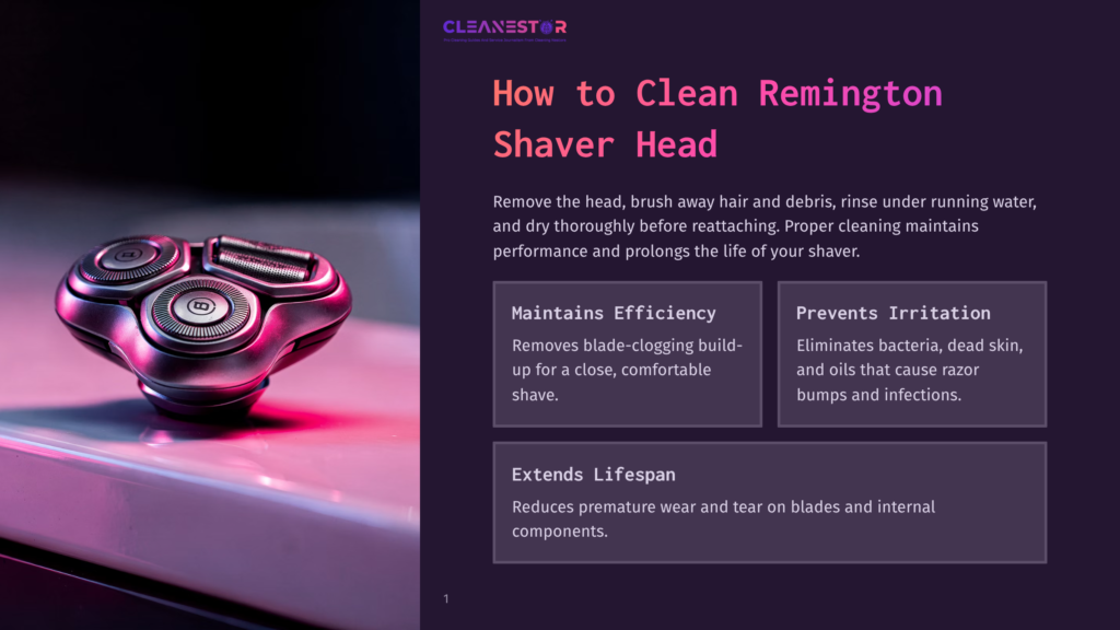 Close-Up Of A Silver Electric Shaver Head With Three Circular Blades On A Pink Surface, With Text Overlay &Quot;Cleanestor How To Clean Remington Shaver Head&Quot;.
