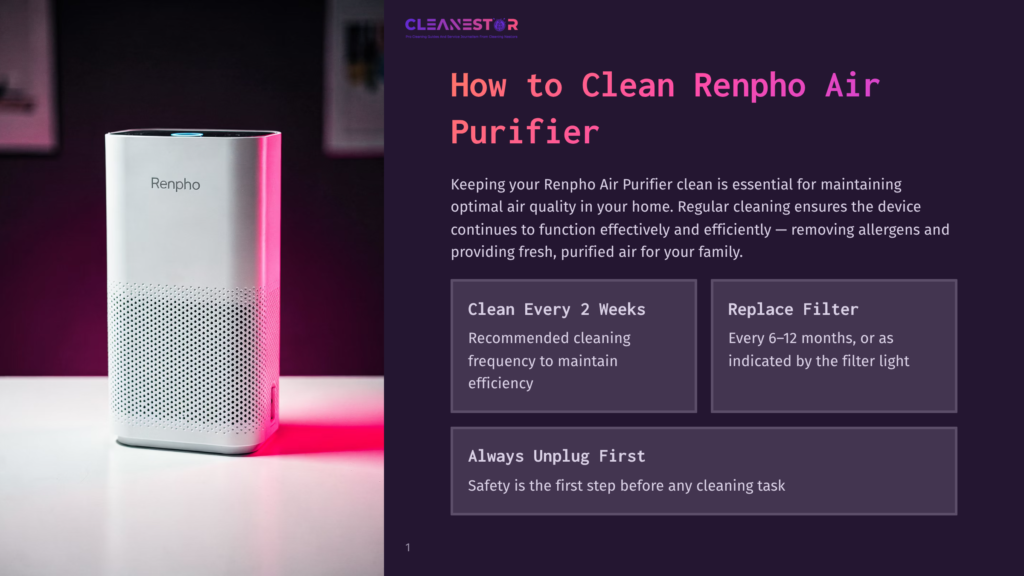 A White Renpho Air Purifier Sits On A Desk, Illuminated By Pink Light, With Instructions On How To Clean The Air Purifier.
