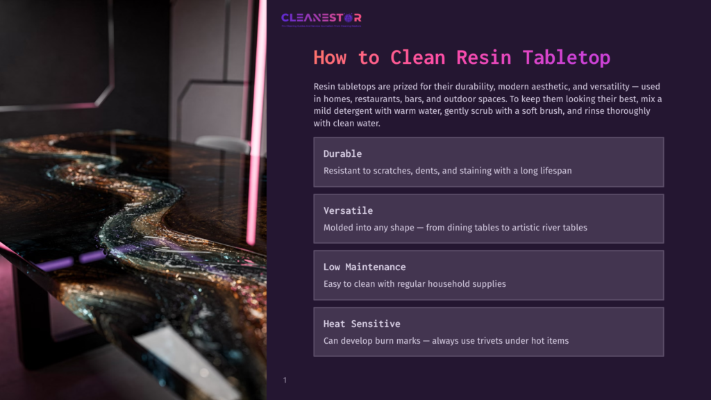 A Stunning Resin Tabletop With A Black And Iridescent River-Like Design, Reflecting Ambient Purple Light. Text Overlay: &Quot;Cleanestor - How To Clean Resin Tabletop&Quot;.