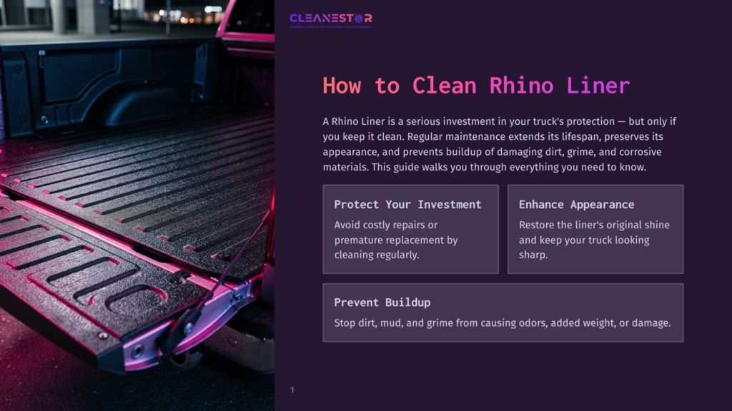 A Clean Truck Bed With Black Rhino Liner Coating, Illuminated By Pink And Purple Ambient Light, With The Text &Quot;Cleanestor&Quot; And &Quot;How To Clean Rhino Liner&Quot; Visible.