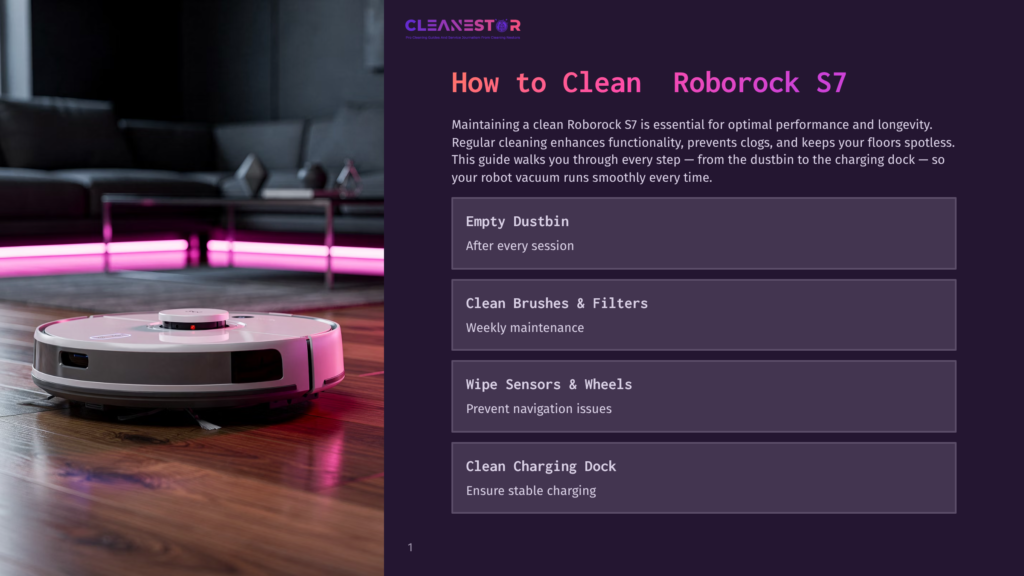 Cleanestor Guide For Roborock S7: A White Roborock S7 Robot Vacuum Is On A Wooden Floor Next To A Couch With Pink Led Lights.