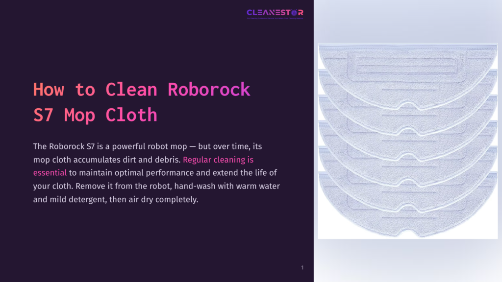 1 How To Clean Roborock S7 Mop Cloth Cleanestor Logo Above Text &Quot;How To Clean Roborock S7 Mop Cloth.&Quot; Stack Of Five White Roborock S7 Mop Cloths On The Right.