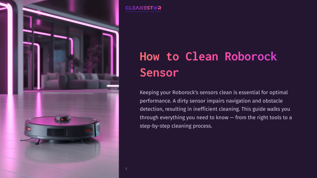 A Black Roborock Robot Vacuum Cleaner Navigates A Modern, Dimly Lit Living Room With Purple Neon Lighting. The Text &Quot;Cleanestor&Quot; And &Quot;How To Clean Roborock Sensor&Quot; Is Visible.