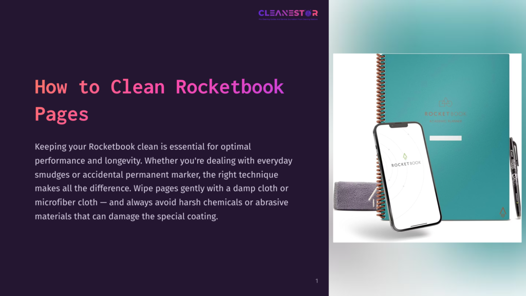 A Teal Rocketbook Notebook And Phone Are Displayed Next To A Microfiber Cloth And Pen, Illustrating How To Clean Rocketbook Pages.