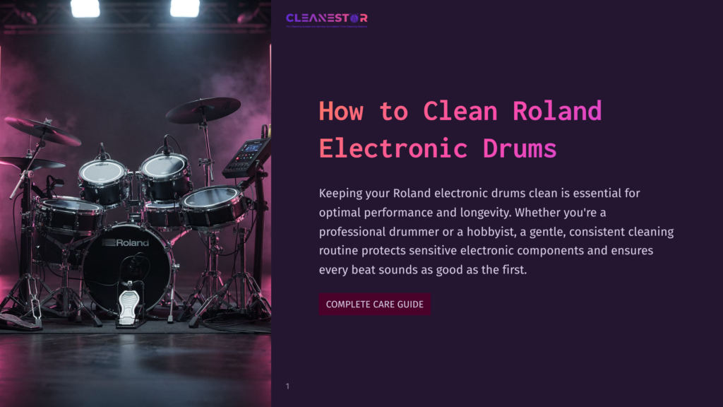 1 How To Clean Roland Electronic Drums A Professional Roland Electronic Drum Set With Cymbals And A Snare Drum Is Illuminated By Dramatic Pink And Purple Stage Lighting, With The Text &Quot;Cleanestor&Quot; And &Quot;How To Clean Roland Electronic Drums&Quot; Visible.