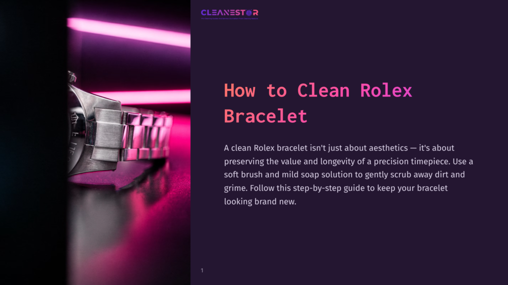 Close-Up Of A Gleaming Stainless Steel Rolex Bracelet On A Vibrant Pink Surface, With The Title &Quot;How To Clean Rolex Bracelet&Quot; Overlaid In White And Purple Text.