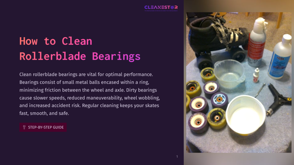 A Rollerblade Cleaning Station With Disassembled Rollerblade Wheels, Cleaning Solutions, And Tools Laid Out On A Table. The Image Includes The Text &Quot;How To Clean Rollerblade Bearings&Quot; And &Quot;Cleanestor&Quot;.