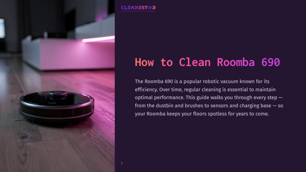 A Black Roomba 690 Robotic Vacuum Cleaner Is Shown On A Light Wood Floor, With A Pink Neon Light Reflecting On Its Surface And The Floor. The Text &Quot;Cleanestor&Quot; And &Quot;How To Clean Roomba 690&Quot; Are Visible On The Right.
