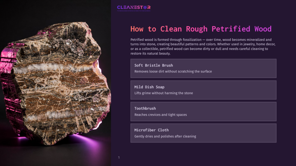 1 How To Clean Rough Petrified Wood Close-Up Of Rough Petrified Wood With Distinct Mineral Layers Of White And Brown, Illuminated By Pink Lighting. Text On The Right Provides Cleaning Instructions For Petrified Wood.
