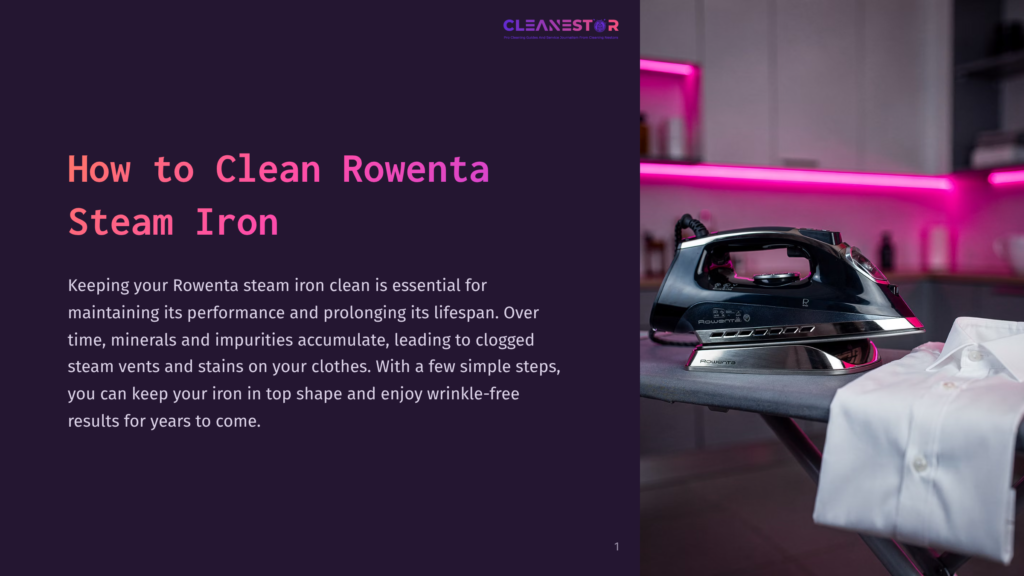 A Black Rowenta Steam Iron Rests On An Ironing Board, With A White Dress Shirt Neatly Folded Beside It. The Background Features A Modern Kitchen With Pink Neon Lighting.