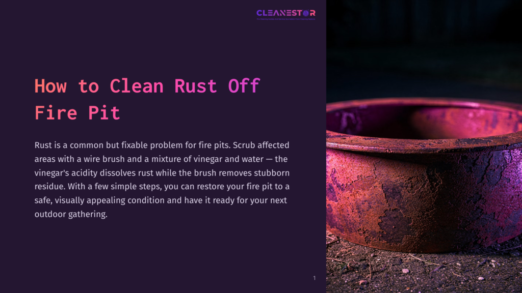 1 How To Clean Rust Off Fire Pit Close-Up Of A Heavily Rusted, Red-Brown Metal Fire Pit With A Textured, Pitted Surface, Illuminated By Purple And Orange Light Against A Dark Background.