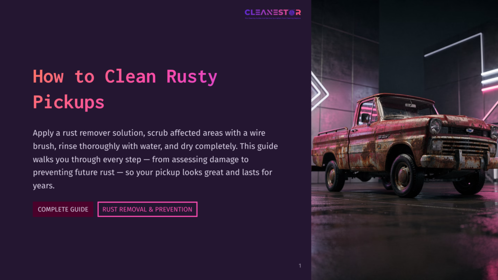 A Rusty, Vintage Red Pickup Truck Sits In A Dimly Lit Garage With Neon Pink And White Lights. The Text &Quot;How To Clean Rusty Pickups&Quot; Is Overlaid On The Left.