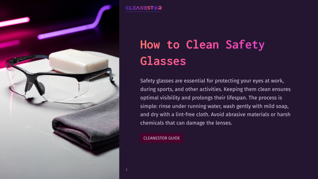 Close-Up Of Safety Glasses, A Bar Of Soap, And A Microfiber Cloth On A White Surface With Purple Neon Lighting In The Background. Text Overlay Reads &Quot;Cleanestor&Quot; And &Quot;How To Clean Safety Glasses&Quot;.