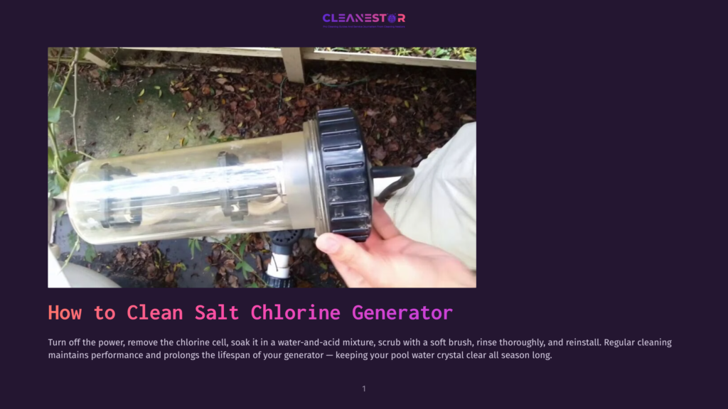 Close-Up Of A Person'S Hand Holding A Clear Plastic Salt Chlorine Generator Cell, Revealing The Internal Components. The Generator Is Positioned Outdoors Near A Pool, With A Wooden Fence And Fallen Leaves In The Background.