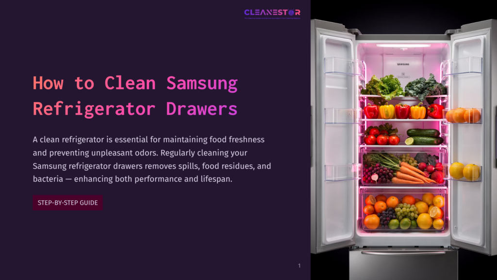 Open Samsung Refrigerator With Bright Pink Interior Lighting, Filled With Fresh Fruits And Vegetables In Clear Drawers. Text Overlay: &Quot;How To Clean Samsung Refrigerator Drawers&Quot;.