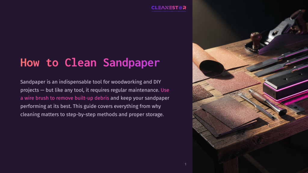1 How To Clean Sandpaper A Close-Up Of Sandpaper And Woodworking Tools On A Wooden Workbench, With A Focus On The Texture And Grit Of The Sandpaper. The Title &Quot;How To Clean Sandpaper&Quot; Is Visible On The Left.